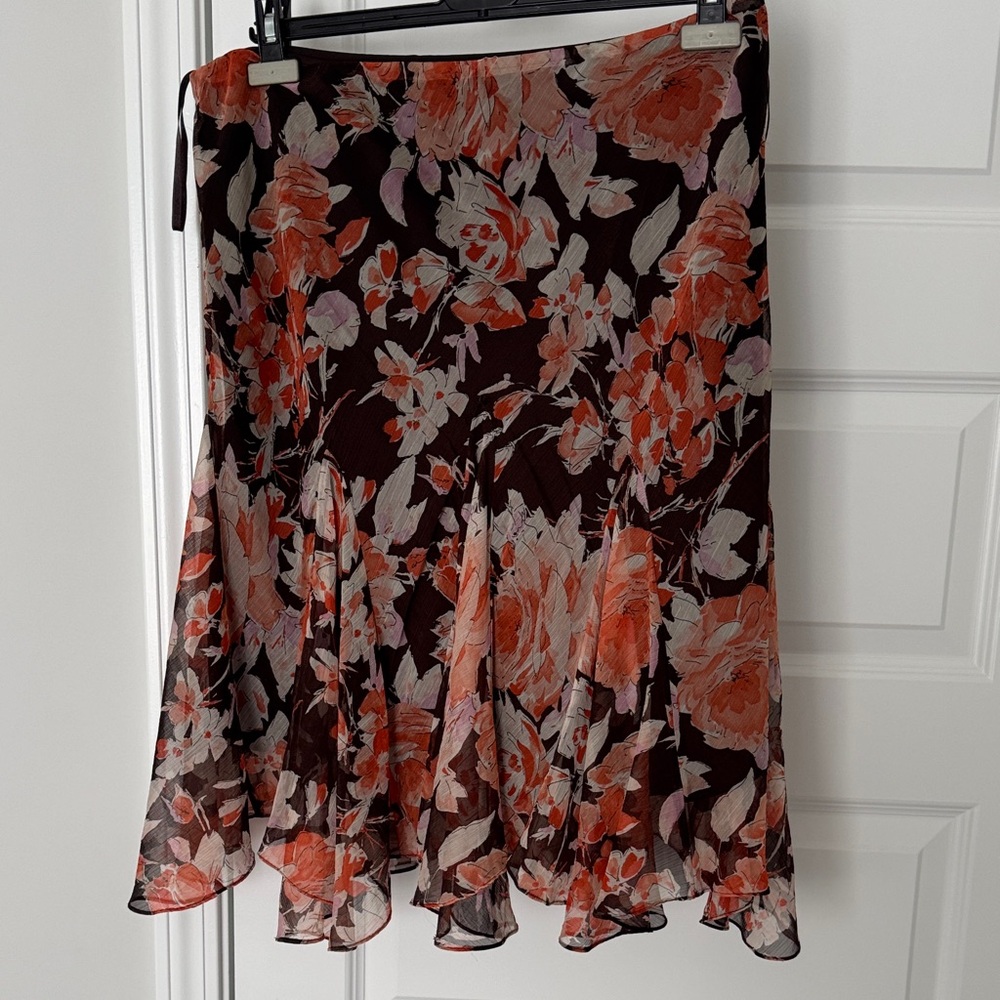Lauren Ralph Lauren Black Chiffon Skirt with Coral and Cream Floral Print
